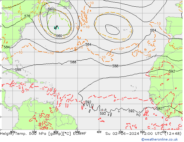 Z500/Rain (+SLP)/Z850 ECMWF nie. 02.06.2024 12 UTC