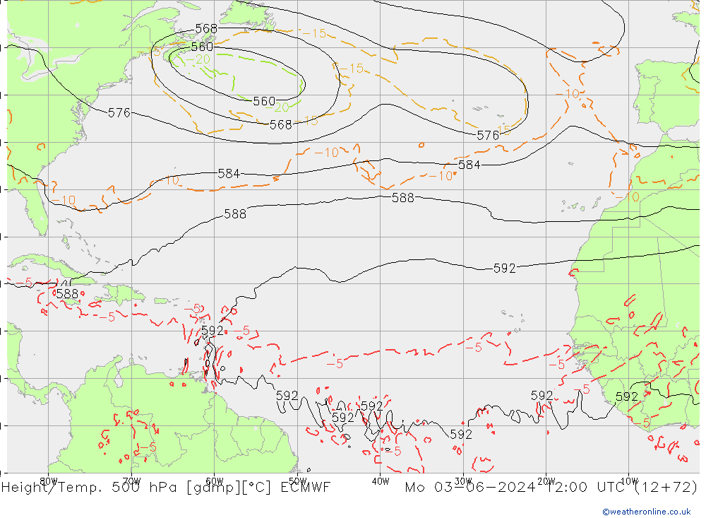 Z500/Rain (+SLP)/Z850 ECMWF pon. 03.06.2024 12 UTC
