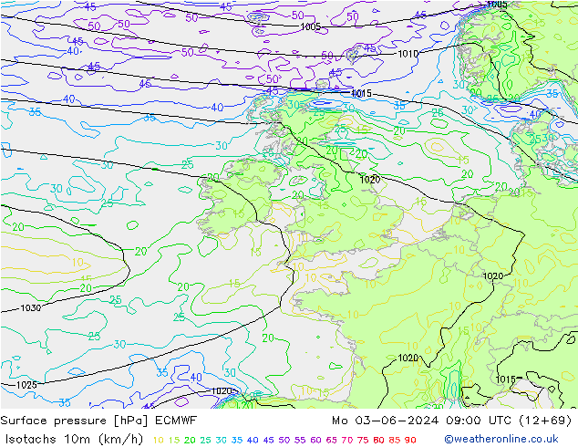 Izotacha (km/godz) ECMWF pon. 03.06.2024 09 UTC
