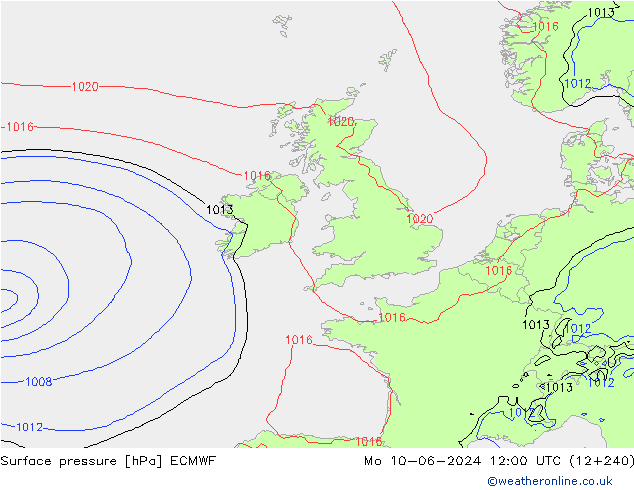 Atmosférický tlak ECMWF Po 10.06.2024 12 UTC