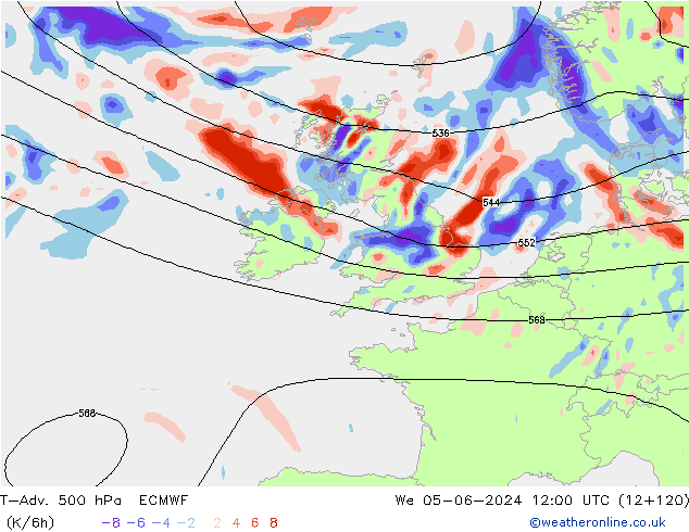 T-Adv. 500 hPa ECMWF mer 05.06.2024 12 UTC