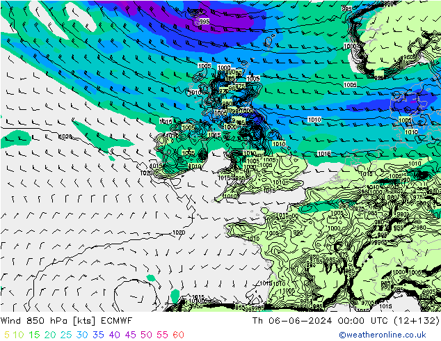 Wind 850 hPa ECMWF Čt 06.06.2024 00 UTC