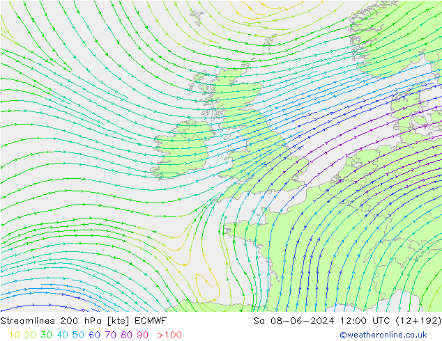 Ligne de courant 200 hPa ECMWF sam 08.06.2024 12 UTC