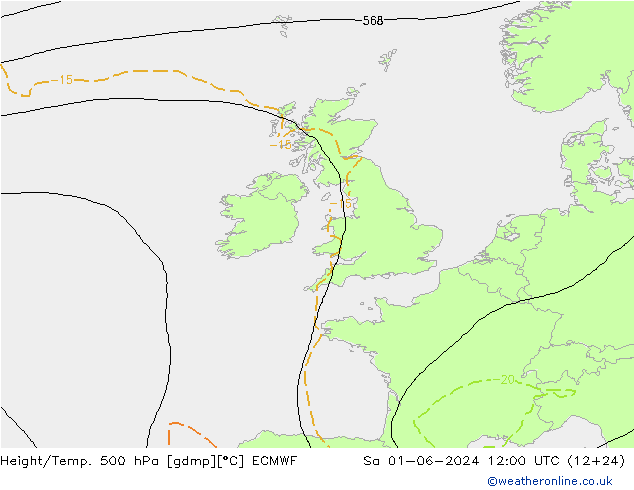 Hoogte/Temp. 500 hPa ECMWF za 01.06.2024 12 UTC