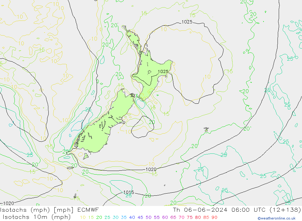 Isotachs (mph) ECMWF Qui 06.06.2024 06 UTC