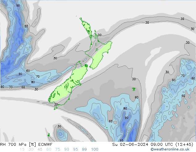 RH 700 hPa ECMWF dom 02.06.2024 09 UTC