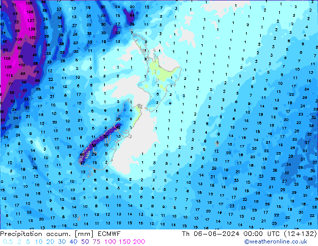 Precipitation accum. ECMWF Čt 06.06.2024 00 UTC