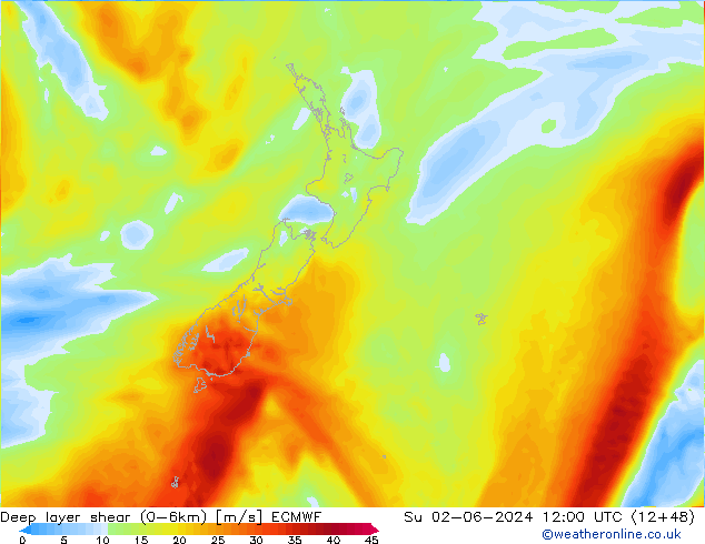 Deep layer shear (0-6km) ECMWF Paz 02.06.2024 12 UTC