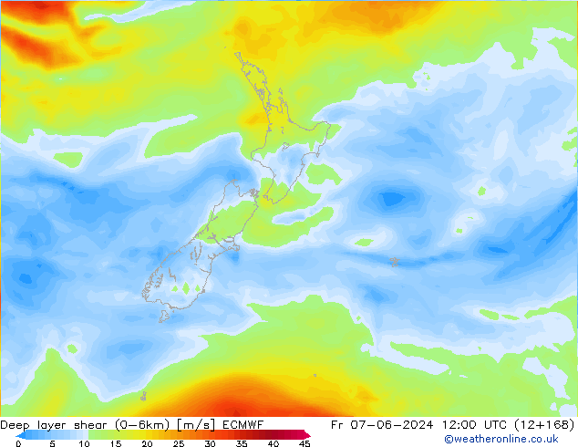 Deep layer shear (0-6km) ECMWF vr 07.06.2024 12 UTC