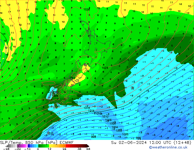 SLP/Temp. 850 hPa ECMWF zo 02.06.2024 12 UTC