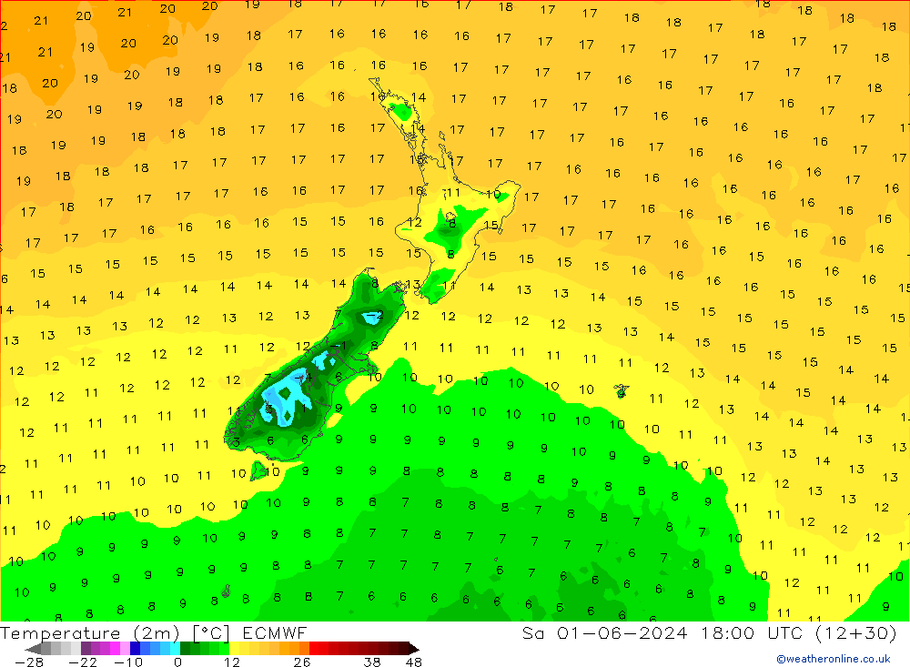 Temperature (2m) ECMWF Sa 01.06.2024 18 UTC