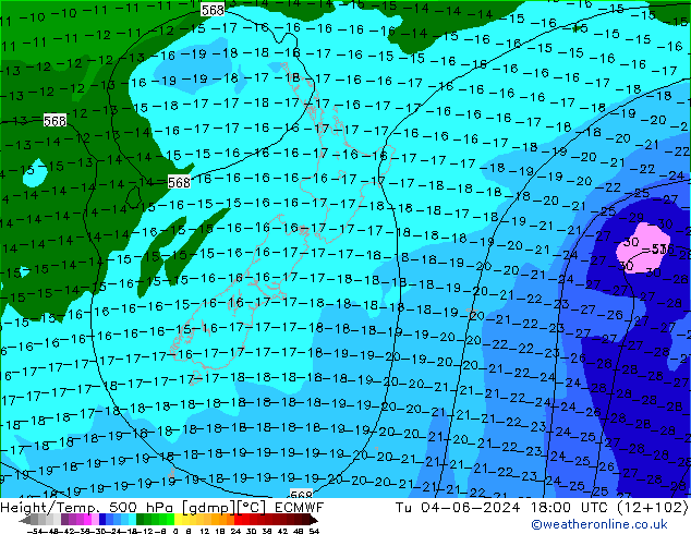 Z500/Rain (+SLP)/Z850 ECMWF Tu 04.06.2024 18 UTC