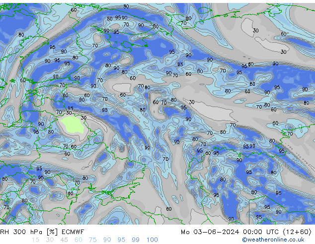 Humidité rel. 300 hPa ECMWF lun 03.06.2024 00 UTC