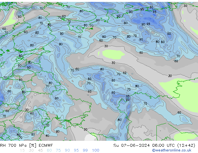 RH 700 hPa ECMWF Su 02.06.2024 06 UTC