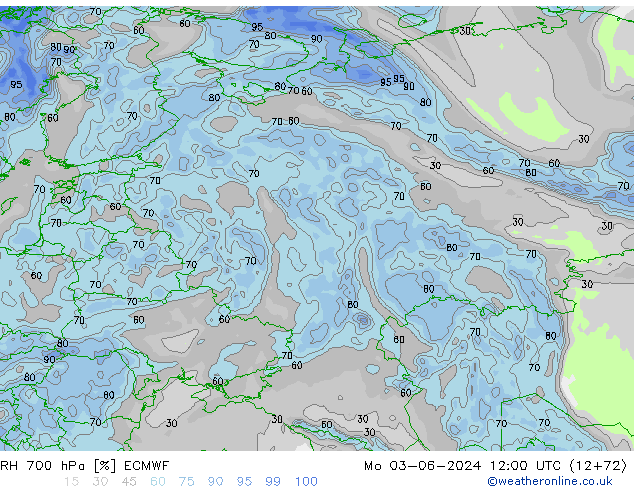 RH 700 hPa ECMWF Po 03.06.2024 12 UTC