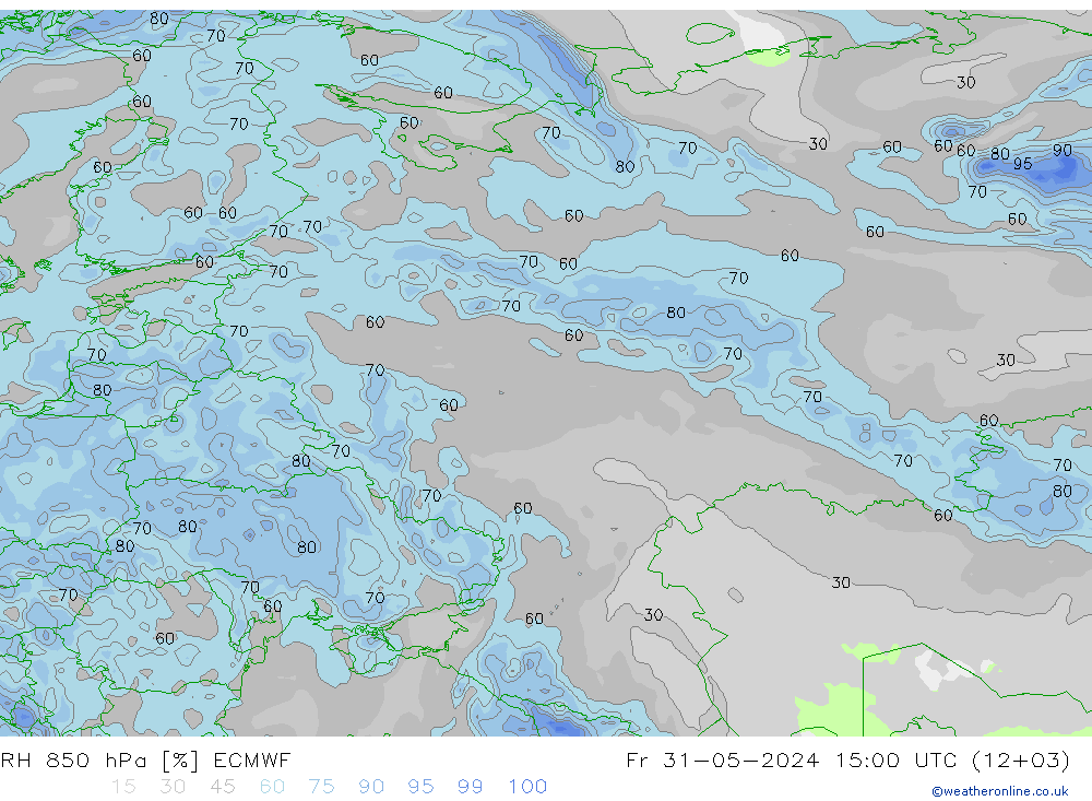 RH 850 гПа ECMWF пт 31.05.2024 15 UTC
