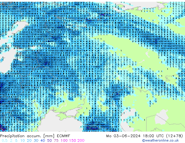 Precipitation accum. ECMWF Seg 03.06.2024 18 UTC