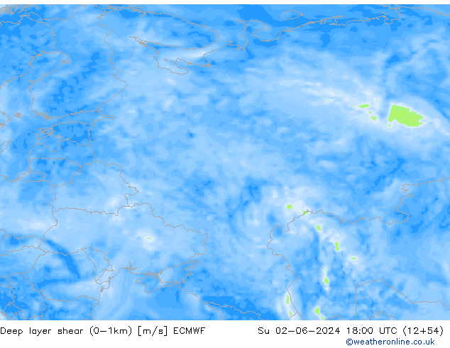 Deep layer shear (0-1km) ECMWF dim 02.06.2024 18 UTC