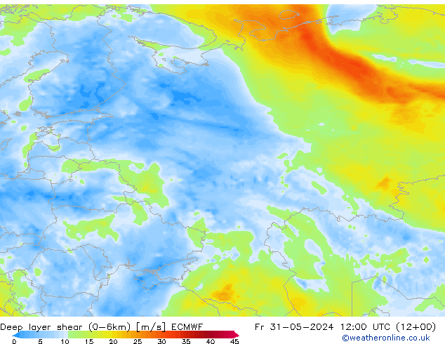 Deep layer shear (0-6km) ECMWF pt. 31.05.2024 12 UTC