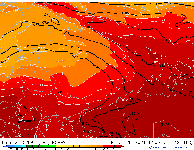 Theta-W 850hPa ECMWF Pá 07.06.2024 12 UTC