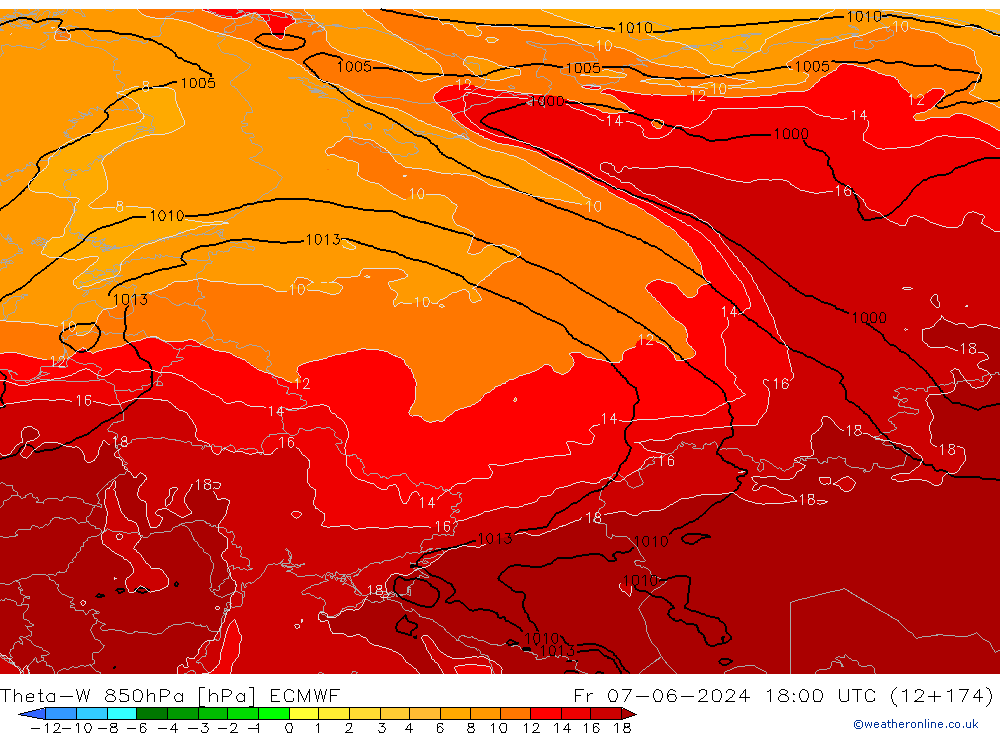 Theta-W 850гПа ECMWF пт 07.06.2024 18 UTC