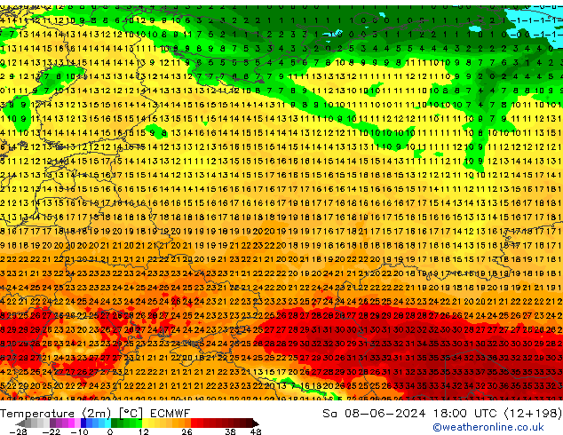 Temperatura (2m) ECMWF sáb 08.06.2024 18 UTC