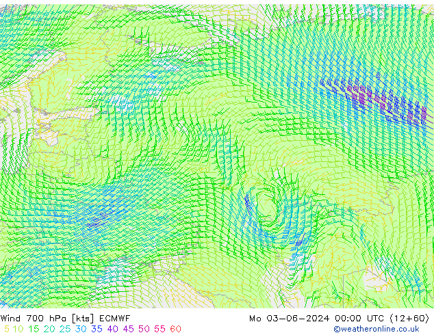 wiatr 700 hPa ECMWF pon. 03.06.2024 00 UTC