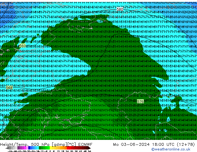 Height/Temp. 500 hPa ECMWF Mo 03.06.2024 18 UTC