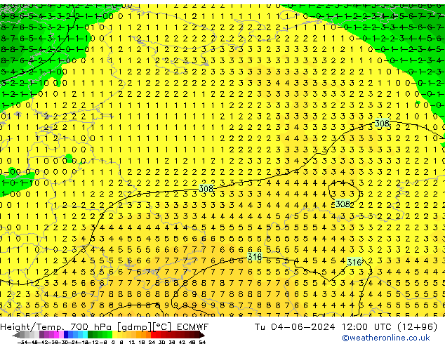 Hoogte/Temp. 700 hPa ECMWF di 04.06.2024 12 UTC