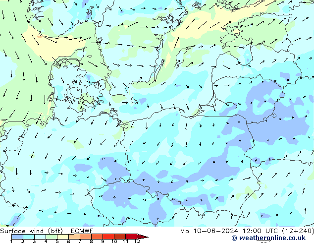 Surface wind (bft) ECMWF Po 10.06.2024 12 UTC