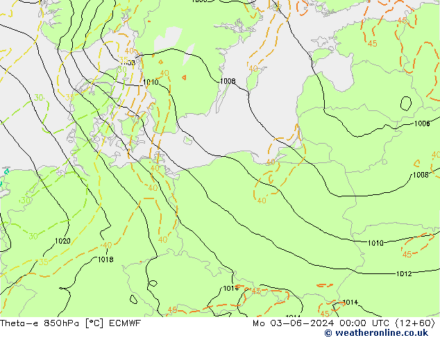 Theta-e 850hPa ECMWF pon. 03.06.2024 00 UTC