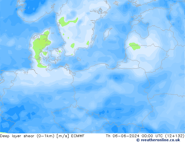 Deep layer shear (0-1km) ECMWF Qui 06.06.2024 00 UTC