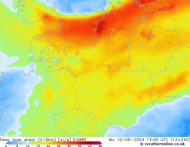 Deep layer shear (0-6km) ECMWF Mo 10.06.2024 12 UTC