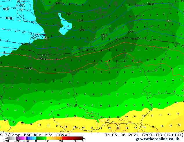 SLP/Temp. 850 hPa ECMWF Th 06.06.2024 12 UTC