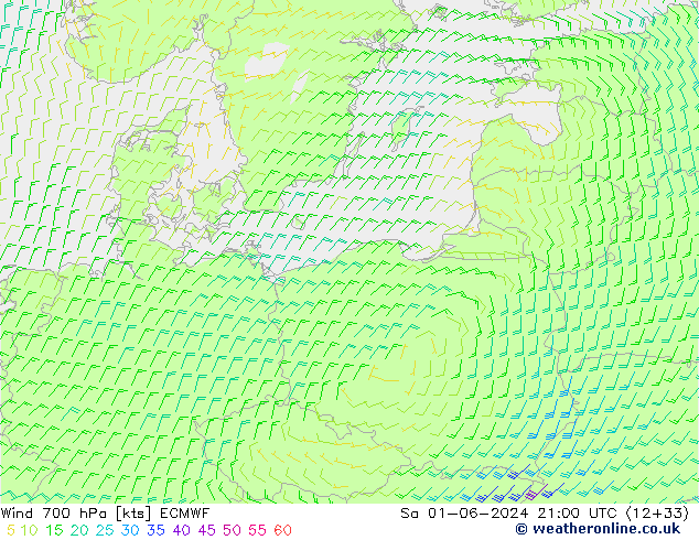 Vento 700 hPa ECMWF Sáb 01.06.2024 21 UTC