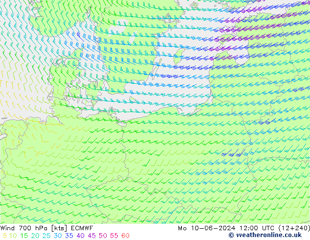 wiatr 700 hPa ECMWF pon. 10.06.2024 12 UTC