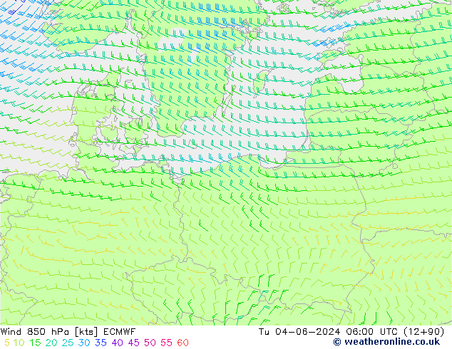 Wind 850 hPa ECMWF Tu 04.06.2024 06 UTC