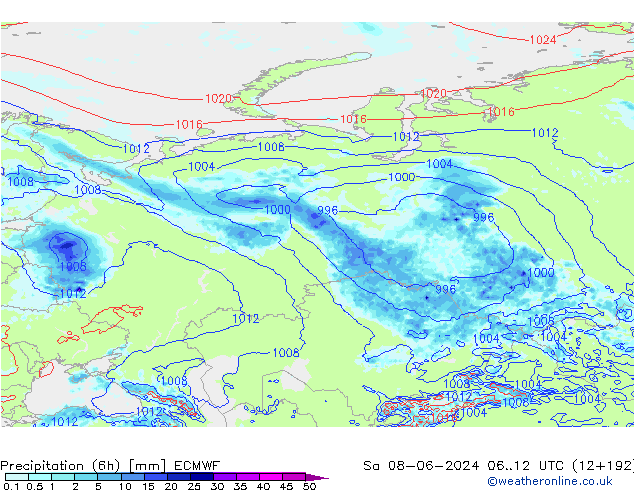 Z500/Rain (+SLP)/Z850 ECMWF so. 08.06.2024 12 UTC