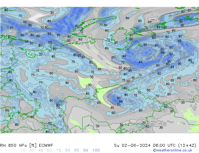 Humidité rel. 850 hPa ECMWF dim 02.06.2024 06 UTC
