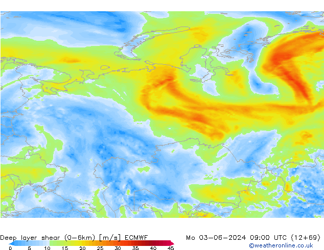 Deep layer shear (0-6km) ECMWF Pzt 03.06.2024 09 UTC