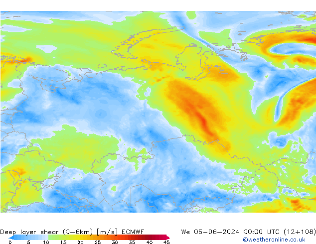Deep layer shear (0-6km) ECMWF śro. 05.06.2024 00 UTC
