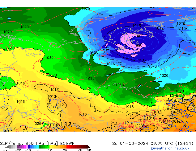 SLP/Temp. 850 гПа ECMWF сб 01.06.2024 09 UTC