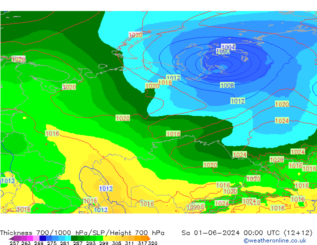 Thck 700-1000 hPa ECMWF sab 01.06.2024 00 UTC