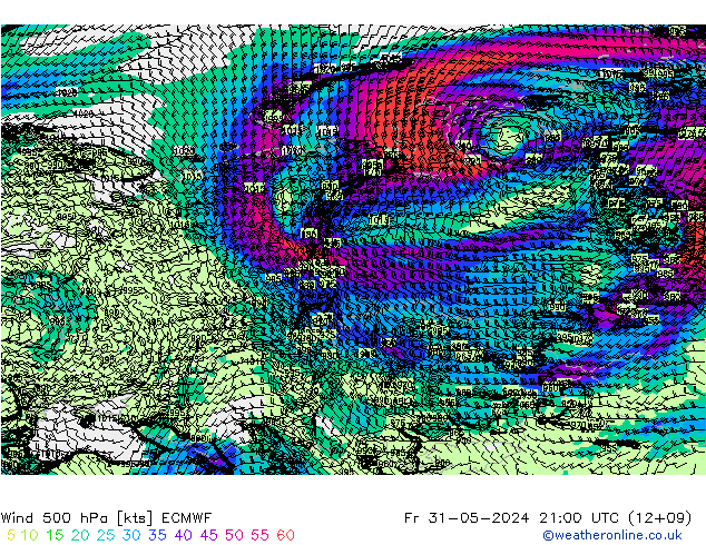 Wind 500 hPa ECMWF Fr 31.05.2024 21 UTC