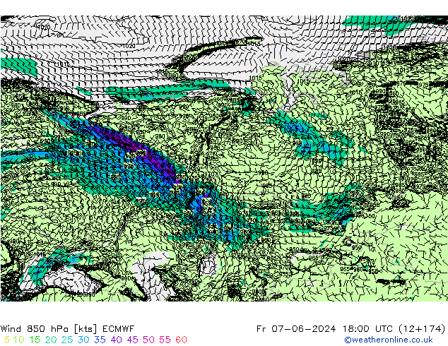 wiatr 850 hPa ECMWF pt. 07.06.2024 18 UTC