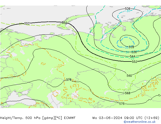 Yükseklik/Sıc. 500 hPa ECMWF Pzt 03.06.2024 09 UTC