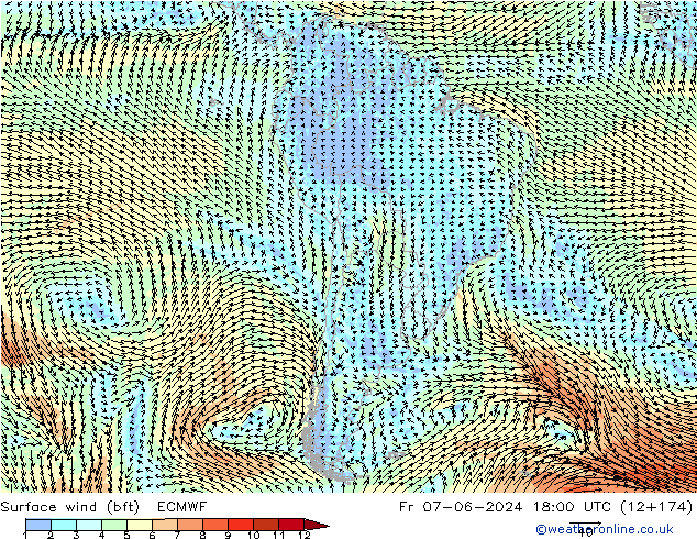 Surface wind (bft) ECMWF Fr 07.06.2024 18 UTC