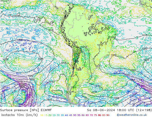 Isotachs (kph) ECMWF Sa 08.06.2024 18 UTC