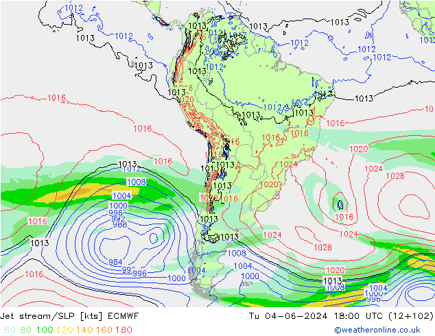 Jet stream/SLP ECMWF Út 04.06.2024 18 UTC