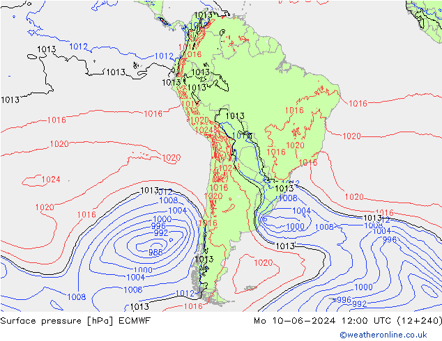 pressão do solo ECMWF Seg 10.06.2024 12 UTC